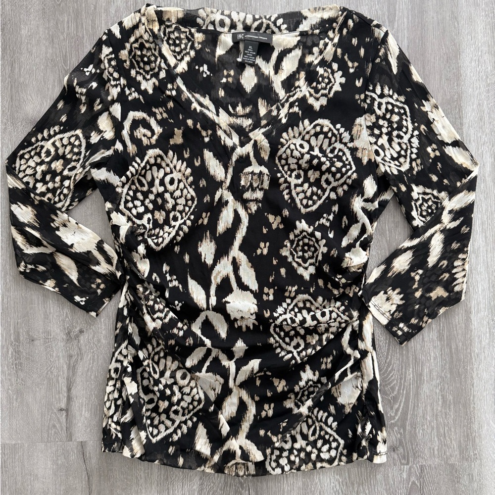 INC International Concepts Mesh 3/4 Sleeved Top Black Tan White | Size XL